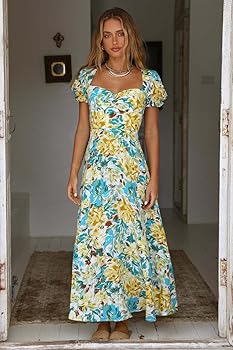 Amazon.com: Spring Summer Square-Neck Puff Sleeve Long Dress